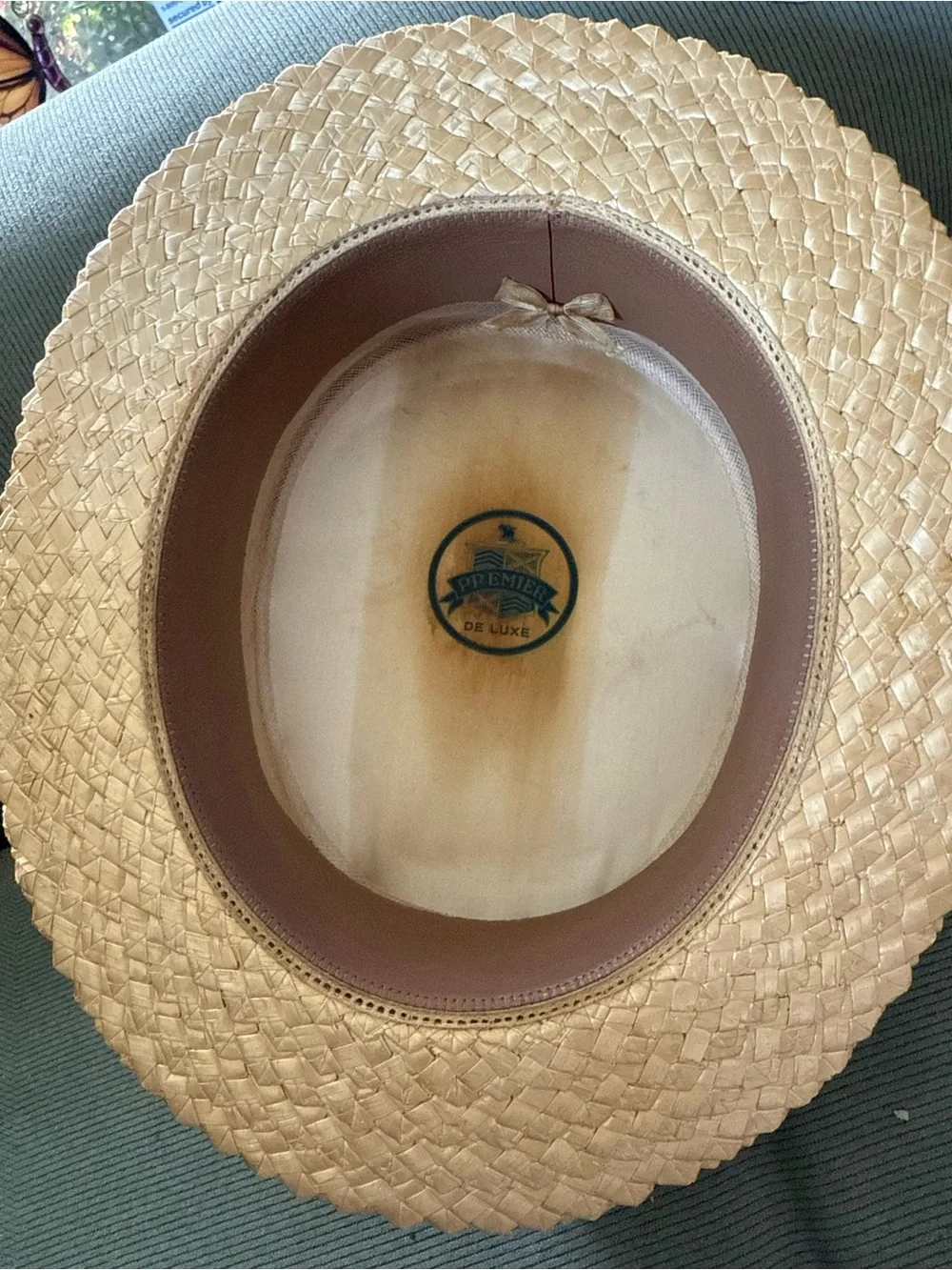 Classic Straw Boater Hat with Navy Striped Band